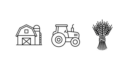 Farm buildings tractor and wheat in a simple line art silhouette © PAKE