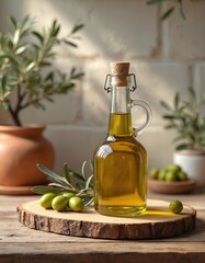 Naklejka na ściany i meble Glass bottle with golden olive oil sits on wood slice with fresh olives and branches. Rustic kitchen setting with pottery and plants adds natural charm. Healthy cooking ingredient.