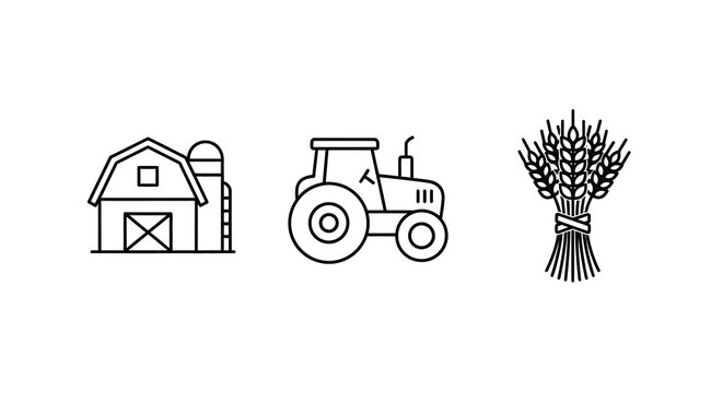 Farm buildings tractor and wheat in a simple line art silhouette