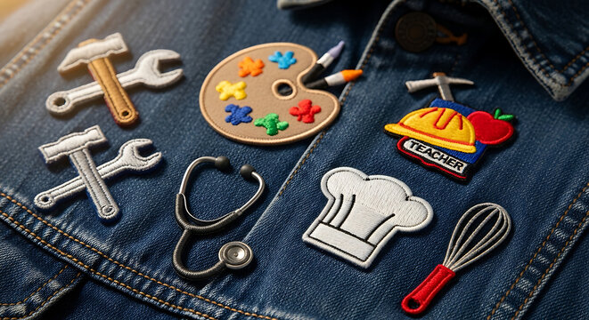 Embroidered patches of different professions on denim jacket, career and labor day concept