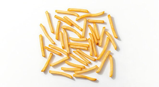 A pile of golden French fries on a white background