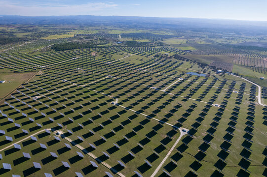 Aerial view of solar panels stretching across Alentejo,Portugal. Sustainable resource concept capturing renewable energy. Photovoltaic power generation, greem energie.