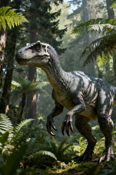 Allosaurus Dinosaur in Dense Jurassic Forest Jungle Environment with Cinematic Lighting