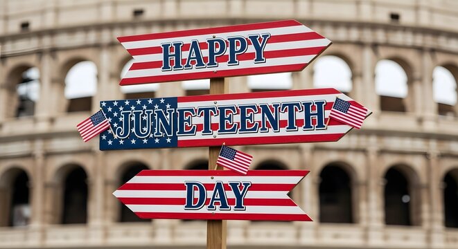 Happy juneteenth day sign with american flags in front of ancient roman colosseum building
