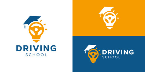 Creative simple driving school logo template. Lightbulb with steering wheel and graduation hat symbol logo design vector illustration. © Hi_std