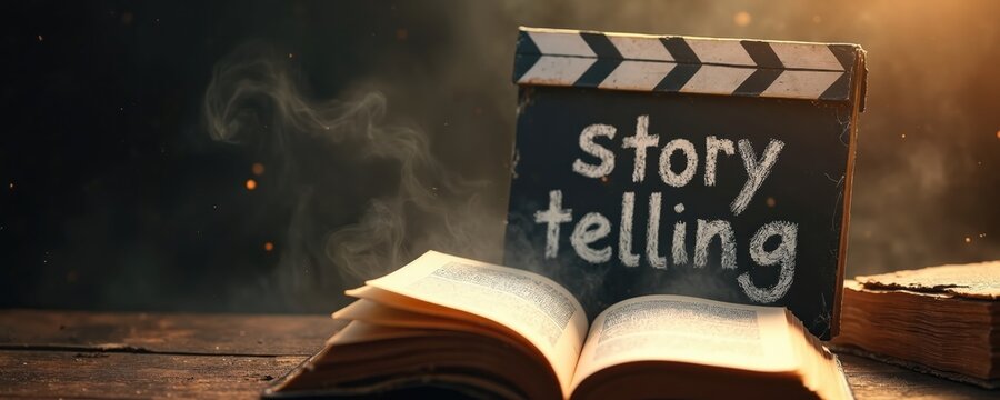Open book and clapboard with text storytelling written. Old books with smoke and light particles. Concept for creation of narratives and cinema.