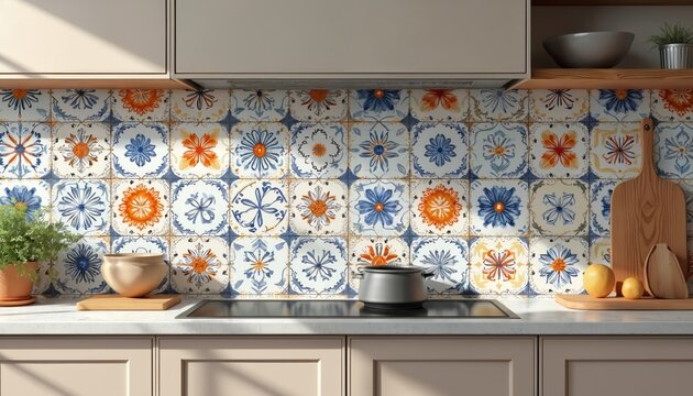 Colorful floral tiles decorate a kitchen backsplash. The pattern features blue and orange flowers on white squares. This classic design adds charm to the cooking area.