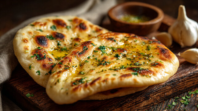 delicious piece of naan bread on a wooden board