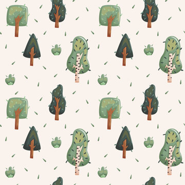 Seamless Forest Tree Pattern Cartoon Nature Background. Seamless pattern with cartoon trees and bushes, soft green tones, perfect for fabric, wallpaper, wrapping paper, and nature themed designs.