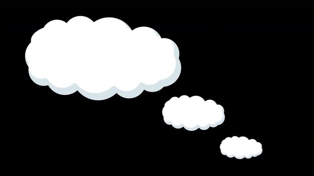 empty cartoon thought bubble blank with copy space formed of 3 fluffy comic book clouds to express thoughts or speech floating left, animated with alpha channel transparent background 4K 