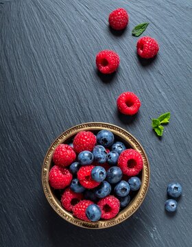 Overhead shot of a small ornate bowl brimming with red raspberries and blue blueberries, plus some scattered extras