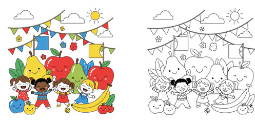 Obraz premium Happy Kids and Fruits Party Coloring Page - Diverse Children Celebrating Healthy Food Fun