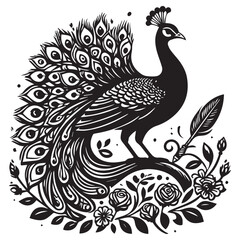 Fototapeta premium Beautiful peacock silhouette with full tail and leaves, elegant decorative bird vector in black and white.