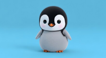 Fototapeta premium Cute cartoon penguin standing against a blue background.