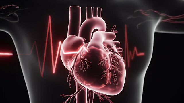 Dynamic digital visualization of a human heart with animated heartbeat line showing cardiovascular activity and health monitoring in futuristic style
