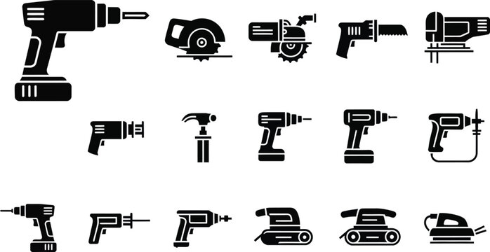 Professional power tools and electric construction equipment solid icons set for industrial design.