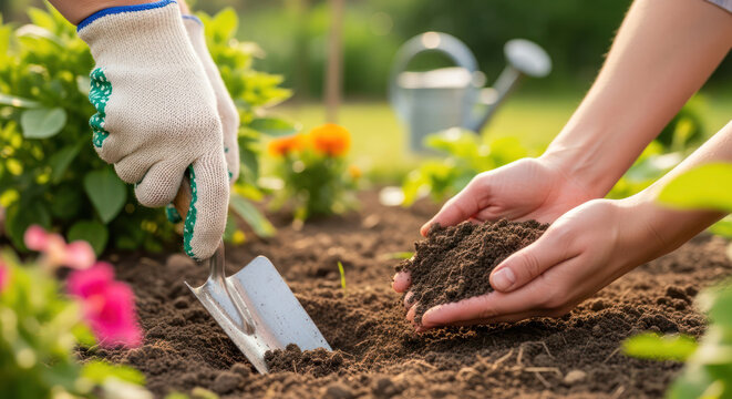 Gardening Hands Planting Flowers in Rich Garden Soil with a Metal Trowel