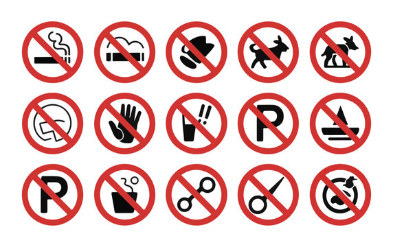 Set of prohibition sign icons for safety and warning regulations isolated on transparent background.