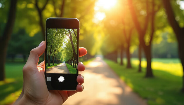 Hand holds phone taking picture of sunlit park pathway. Green trees line path, creating bright, warm natural scene. Blurred background adds depth perspective.