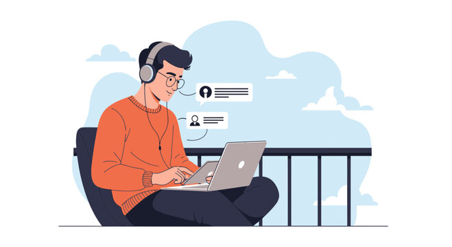 Man with headphones working on laptop outdoors, online communication concept
