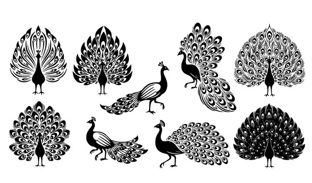 Stylized peacock silhouettes decorative feather pattern wildlife vector isolated on white