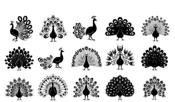 Minimal peacock silhouette icon set feather pattern bird vector isolated on white background