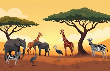 Obraz premium Cartoon savanna landscape with elephants, giraffes, zebras and birds under acacia trees at sunset. Diverse african wildlife in natural habitat.
