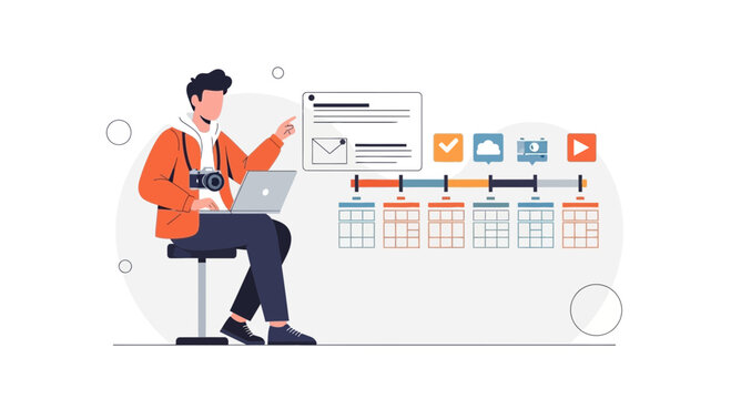 Man with laptop and camera plans project timeline with calendar and icons
