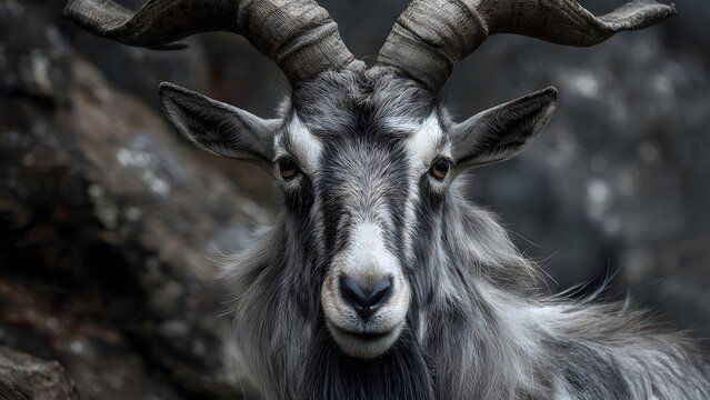 Markhor Goat Portrait: Majestic Wild Animal with Impressive Horns
