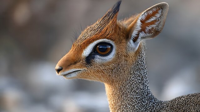 Close-up of a Dik-dik antelope's head, showing its large eyes and delicate features.
