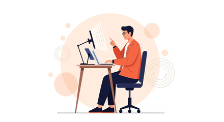 Fototapeta premium Man Working on Laptop and Computer at Desk, Focused on Screen, Modern Office Illustration