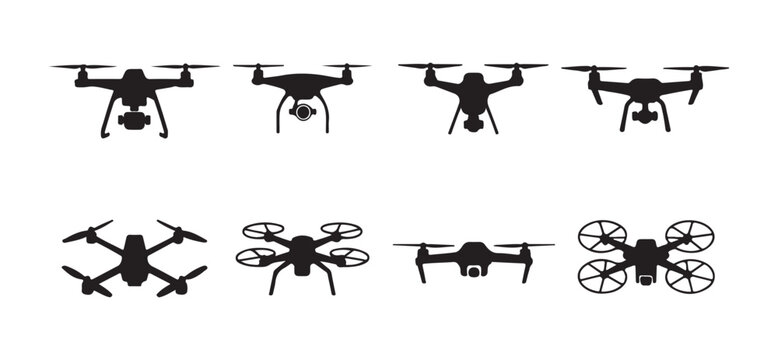 Set of eight modern quadrocopter drones, various flying remote controlled drone silhouettes.