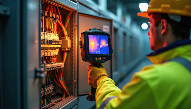 Technician uses thermal camera to inspect electrical cabinet wiring for hotspots. Predictive maintenance checks for safety and system reliability in industrial facility. Finds faults early.