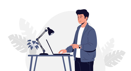 Fototapeta premium Man working on laptop at standing desk with plants and lamp