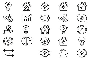 Fototapeta premium Collection of black outline representing energy, electricity, and sustainability concepts renewable energy