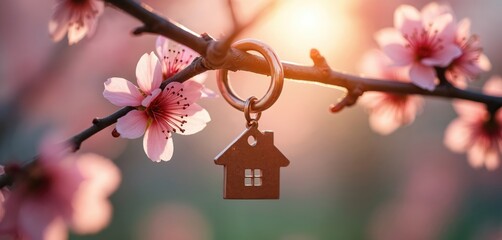 Naklejka premium House shape keychain hangs from blooming tree branch with pink flowers. Symbolizes new home, real estate dreams, and fresh beginnings during springtime season.