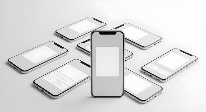 Collection of several mockups of modern smartphones displaying blank screens ready for application interface design presentation and testing purposes
