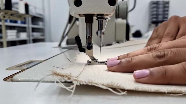 Professional Tailoring Process showing a close-up of hands stitching white fabric on a sewing machine for fashion manufacturing and garment design.	