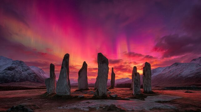 Standing stones silhouetted against a vibrant aurora borealis display over a mountainous landscape at twilight