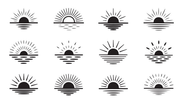 Collection of sunrise and sunset vector icons with sun half circle over horizon and wavy water lines.