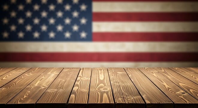 Empty rustic wooden table surface with a blurred american flag background