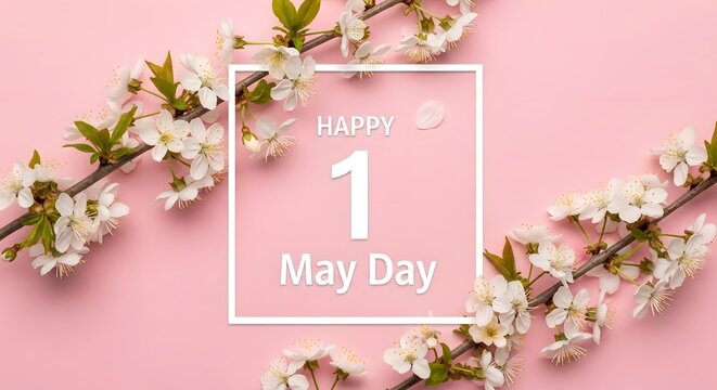 Happy may day greeting with cherry blossoms on pink background