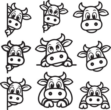 Set of cute peeking cows in various poses for vector illustration