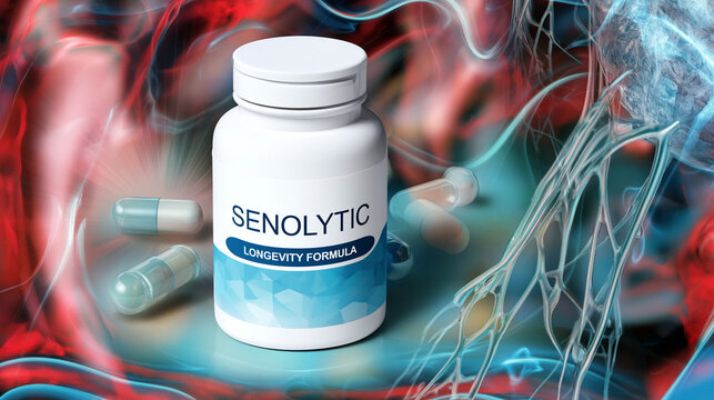 Senolytic Supplement Pills: Anti-Aging & Longevity Formula in Pill Bottle with Natural Ingredients & Cellular Health Benefits