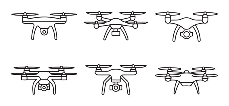 Drone flight icons in black line art style showcasing hexacopter and quadcopter landing gear systems.