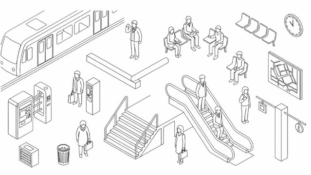 Isometric Subway Platform Passengers Architectural Blueprint Vector Set, Minimal Outline Style Illustration, Clean White Background