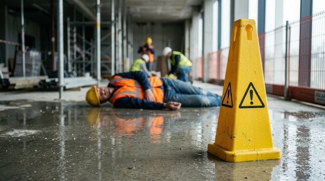 Depiction of a workplace accident risk: a fallen worker lies on a wet floor, marked by a caution cone, symbolizing a personal injury incident.