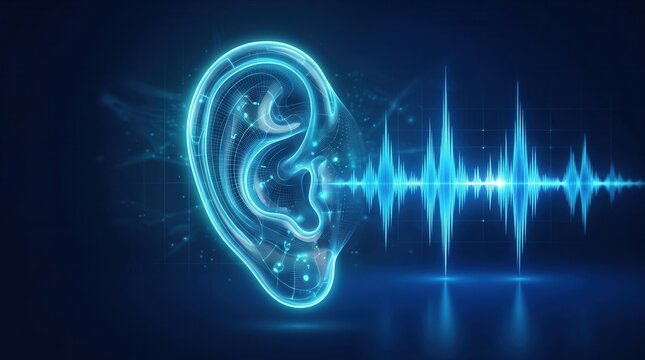 Conceptual representation of cochlear implant evaluation, hearing screening, and sensorineural audio loss assessment through a glowing ear with soundwaves.