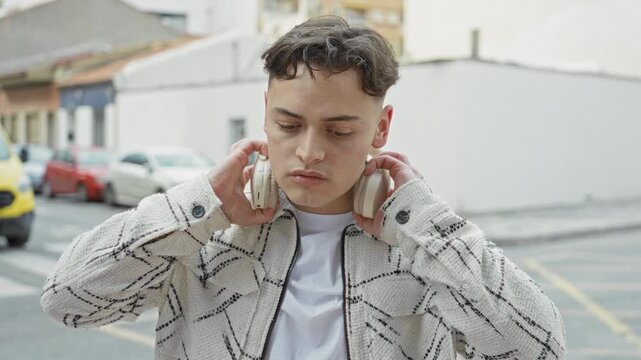 Man adjusts headphones with both hands on a city street crosswalk wearing a patterned jacket and looking down; quiet introspection.