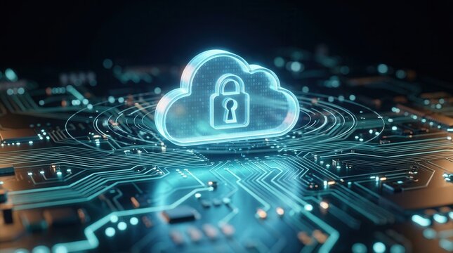 Symbolizing data sovereignty and code compliance, a glowing cloud with a padlock hovers over an intricate digital circuit board.